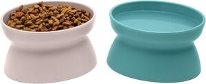 A pair of pink and aqua-colored wide, shallow cat bowls, filled with cat food and water