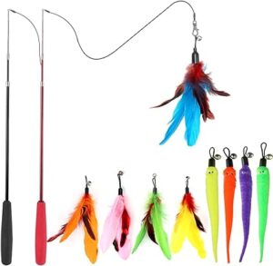 A wand feather cat toy with a variety of colorful feather attachments