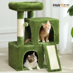 A green cat tree with three levels and scratching posts and two cats in it