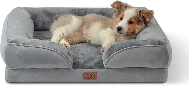 A gray dog bed with a small dog on it (an Amazon product)