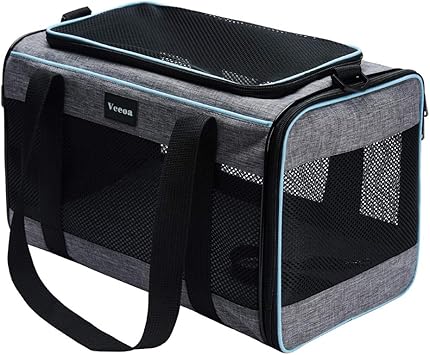 A gray and black medium-sized carrier for dogs and cats (an Amazon product)