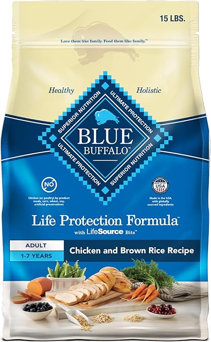 A chicken and brown rice dog food by the brand Blue Buffalo (an Amazon product)