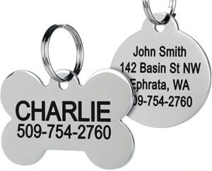 Two stainless steel dog/cat ID tags with a name, a cell phone number, and an address engraved into them (an Amazon product)