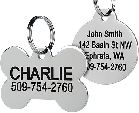 Two stainless steel dog/cat ID tags with a name, a cell phone number, and an address engraved into them (an Amazon product)
