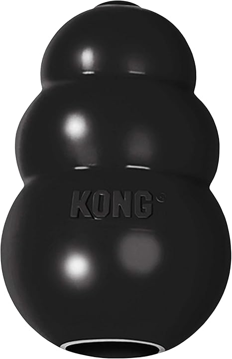 A black rubber dog toy with a snowman-like shape by the brand KONG (an Amazon product)