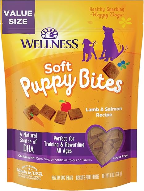 A bag of lamb and salmon dog treats by the brand Wellness (an Amazon product)